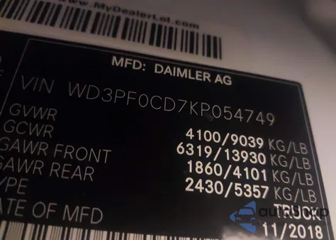 2019 Mercedes-Benz Sprinter 2500 High Roof V6/Standard Roof V6 from USA, damaged, VIN WD3PF0CD7KP054749